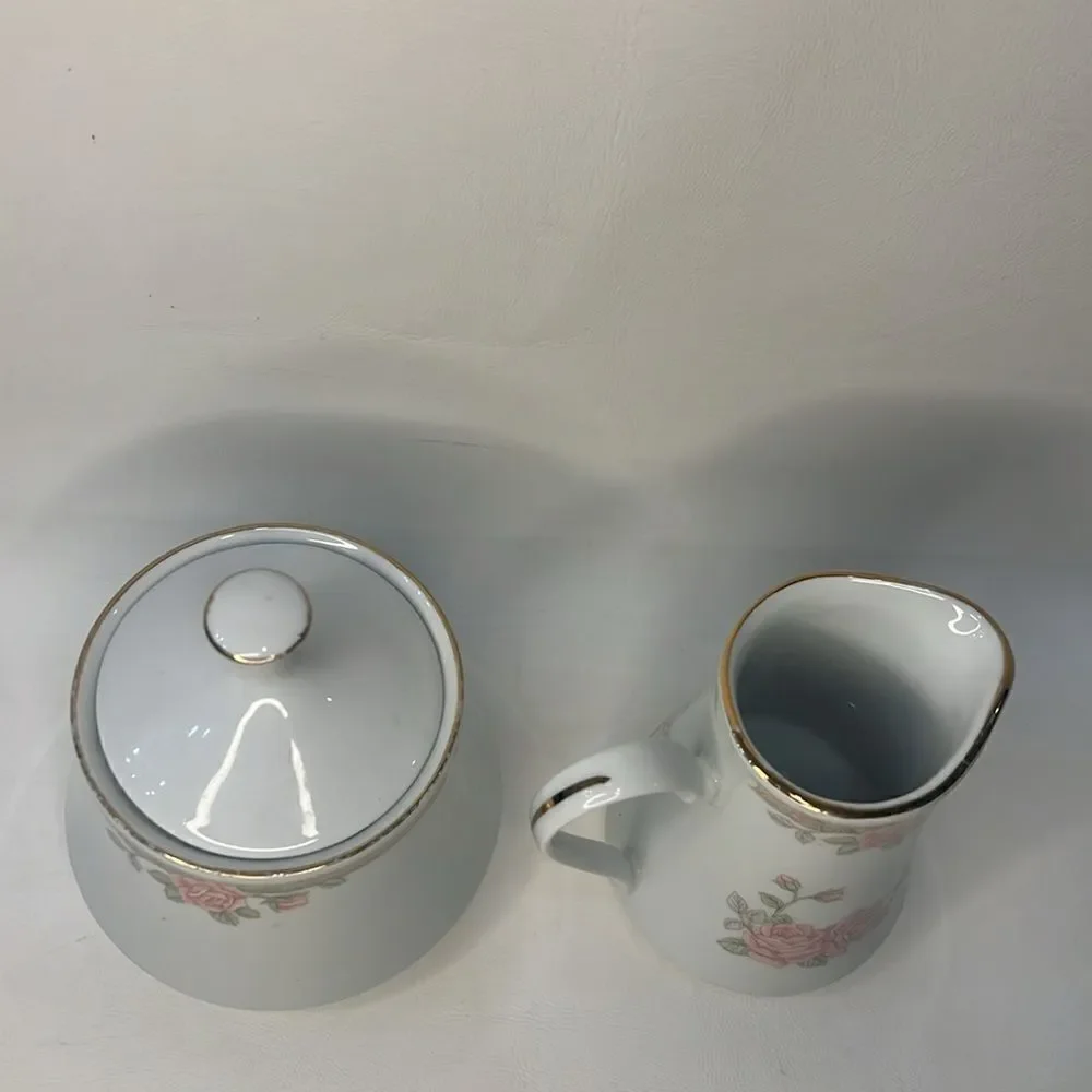 Crown Ming Fine China 8 Oz Creamer And 2 Cup Sugar Bowl Rose Floral Gold Trimmed